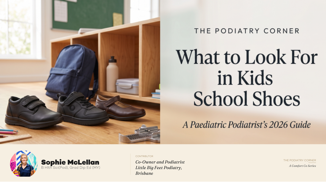 Kids school shoes beside a backpack in a classroom, by podiatrist Sophie McLellan